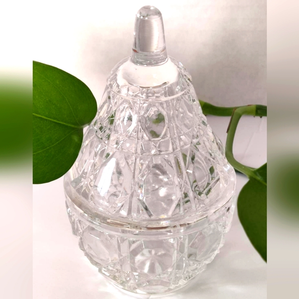 Vintage Crystal Pear Shaped Trinket Box Jar with Ring Holder Lid Clear Glass